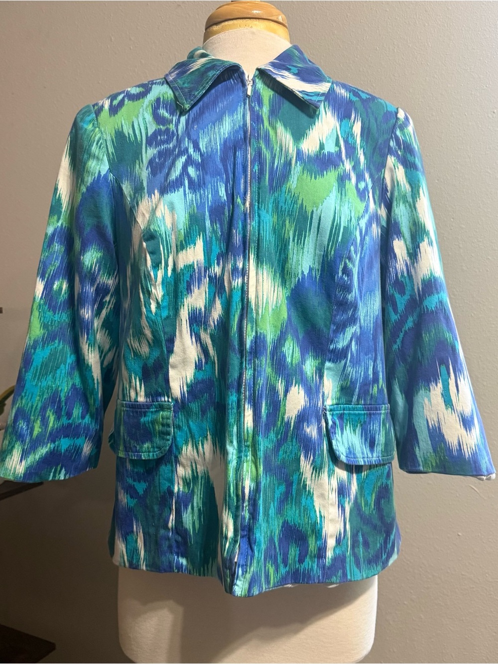 Le Bos Women’s 14W Blue Green Ikat Print Zip Front Jacket Blazer 3/4 Sleeve